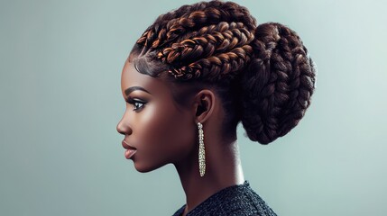 A dynamic shot of a woman with a braided updo, showcasing intricate braids and elegant styling, perfect for formal occasions or special events.