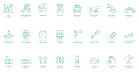 GPS Navigation, Car Maintenance Checklist, Road Map, Car Wash, Windshield Crack, Rear Parking Sensors, Blind Spot Monitor, Car Stereo System, Dashboard Warning Lights vector icon set