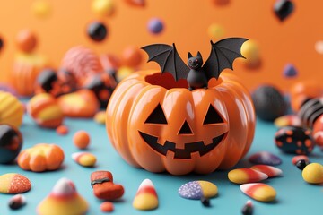 Spooky Halloween pumpkin decoration with bat and candy