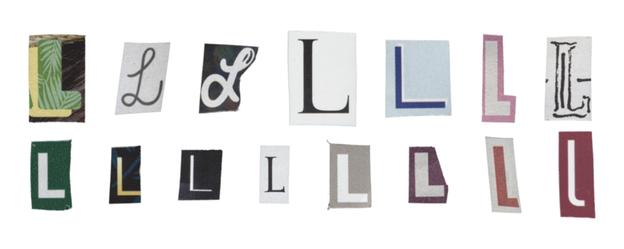 Set of isolated cut-out letter “L” from magazines on a transparent background, retro y2k style