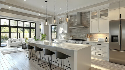 Modern kitchen with sleek design, island seating, and natural light.