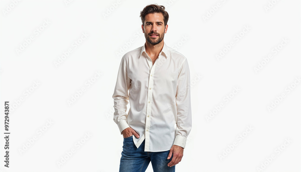 Wall mural portrait of a handsome middle-aged man in blue jeans and a silk shirt with a friendly expression aga