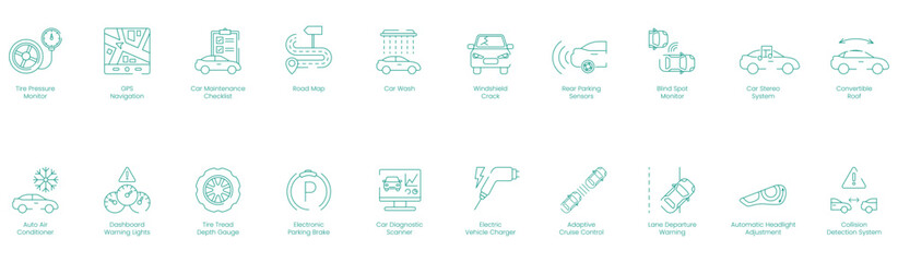 Tire Pressure Monitor, GPS Navigation, Car Maintenance Checklist, Road Map, Car Wash, Windshield Crack, Rear Parking Sensors, Blind Spot Monitor, Car Stereo System, Convertible Roof vector icon set