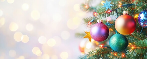 Obraz premium A Christmas tree adorned with multicolor Christmas balls and airfield multicolor Christmas star hanging, on bokeh lights sits on white background- Christmas web header, greeting card.