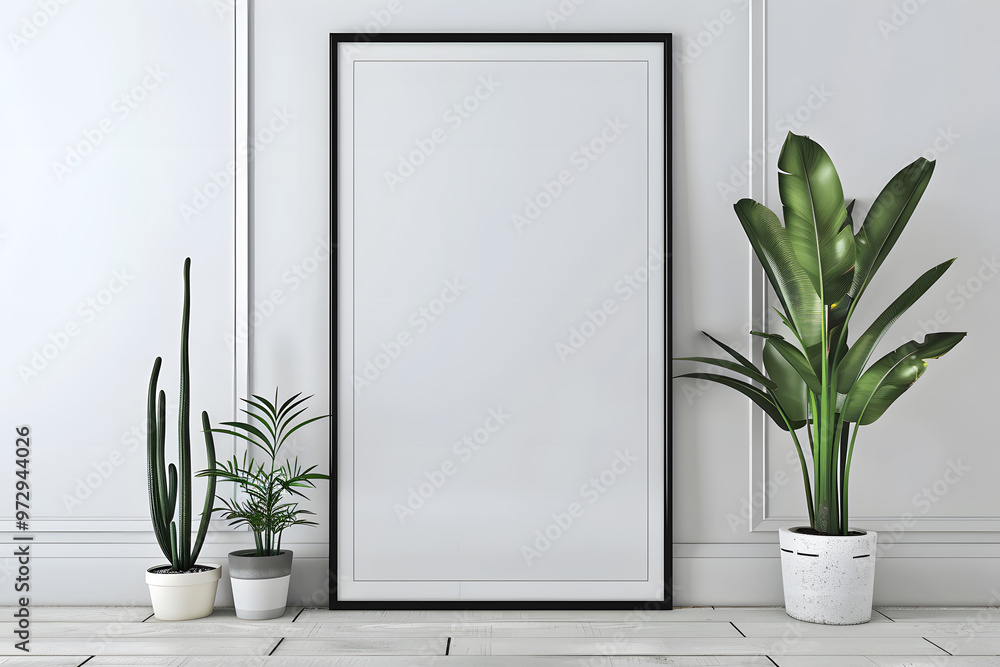 Wall mural Poster mockup with vertical black frame in white wall interior background 3D render mockup. Generative Ai.