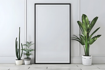Poster mockup with vertical black frame in white wall interior background 3D render mockup. Generative Ai.