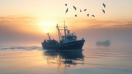 A fishing trawler navigating through calm seas in the early morning, with seagulls flying overhead and the soft glow of sunrise on the horizon.