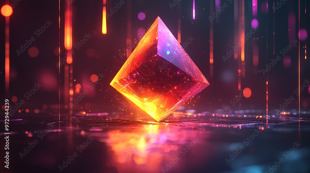 Poster abstract geometric shape illuminated with glowing lights and scattered particles, creating a mesmeri