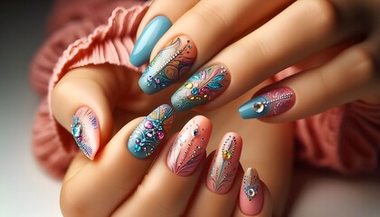Female hands with trendy colorful French manicure are lying on a pastel background,
