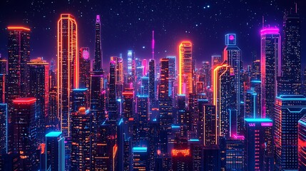 Obraz premium Skyline of a neon-lit city adorned with skyscrapers and twinkling stars at night, presenting a captivating and luminous urban scene.