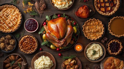 A Thanksgiving dinner spread with turkey, mashed potatoes, gravy, cranberry sauce, and various pies, ready for serving