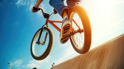 Naklejka premium A person riding a BMX bike, performing a jump against a bright sky backdrop.
