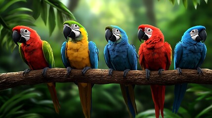 Obraz premium Vibrant macaws perched on branches within a tropical jungle, showcasing their brilliant feathers and the lush rainforest backdrop.