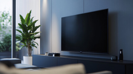 A big TV is shown in a living room, with a gray wall in the background. This is a 3D image.