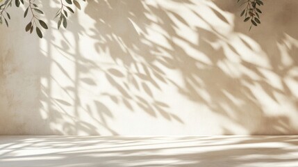 Wall interior background, studio and backdrops show products. with leaf shadow from window color beige and white