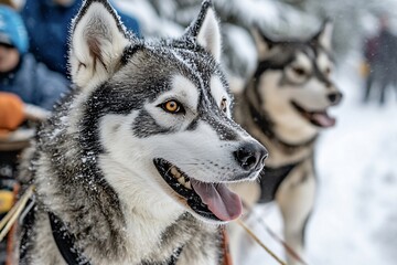 Naklejka premium Portrait of a beautiful alaskan malamute sled dog with bright eyes, posing with its tongue out, while waiting to start the race