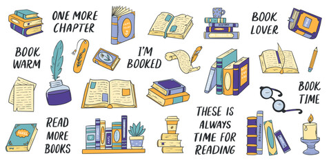 Books, reading doodles and quotes collection for stickers, prints, planners, clipart, cards, social media, banners, etc. EPS 10
