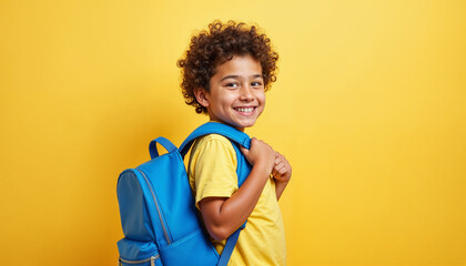 Portrait of a middle school boy with a backpack and a cheerful smile