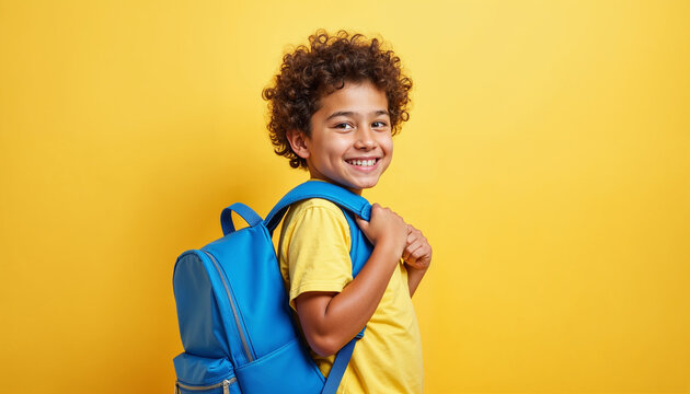 Portrait of a middle school boy with a backpack and a cheerful smile