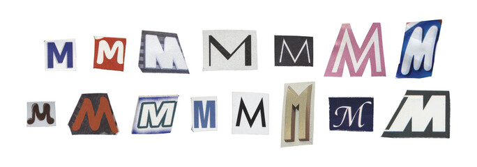 Set of isolated cut-out letter “M” from magazines on a transparent background, retro y2k style