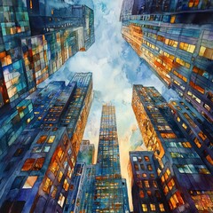 Watercolor Cityscape of Skyscrapers at Dusk