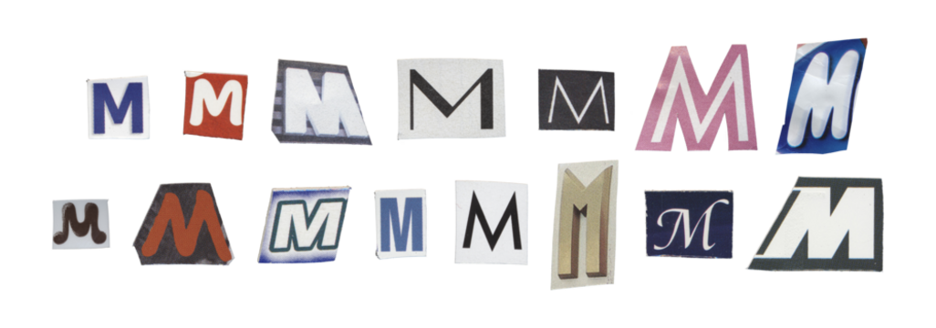 Set of isolated cut-out letter “M” from magazines on a transparent background, retro y2k style