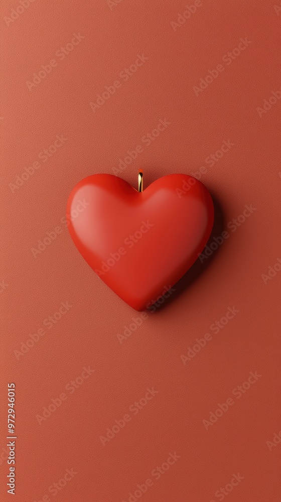 Poster a red heart is hanging from a chain on a red background