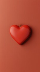A red heart is hanging from a chain on a red background
