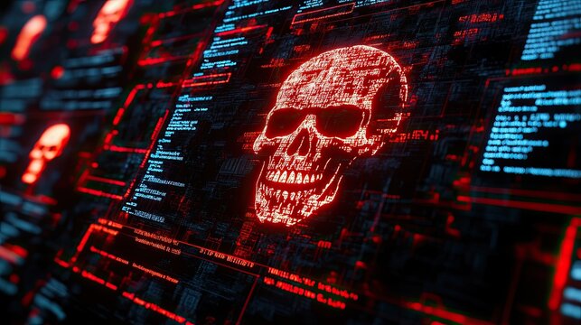 39. Cybersecurity threat landscape, with a digital skull icon appearing on multiple computer screens, surrounded by red warning signs and binary code