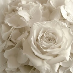 Soft Elegance, Delicate Rose Blossom and Textured Hydrangea Blooms in Monochromatic Harmony