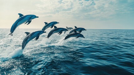 Fototapeta premium A group of dolphins leaping joyfully out of the water in unison, with the clear blue ocean and a bright sky in the background, creating a lively and playful scene.
