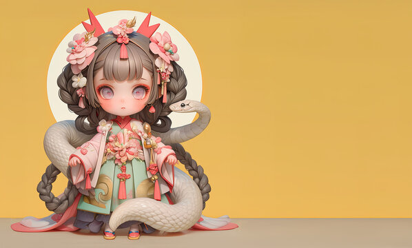 正月着物を着たかわいい少女と白い蛇　ソフビ人形風　年賀状　素材　横配置