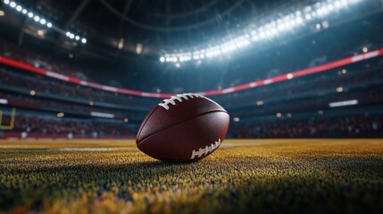 A close-up view of an American football on a field in a stadium setting.