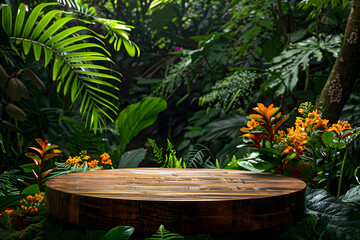 Product presentation with a wooden podium set amidst a lush tropical forest and flower,enhanced by a vibrant green. Generative Ai.