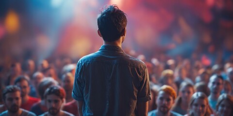 Obraz premium Man speaking to crowd with microphone at concert, blurred colorf