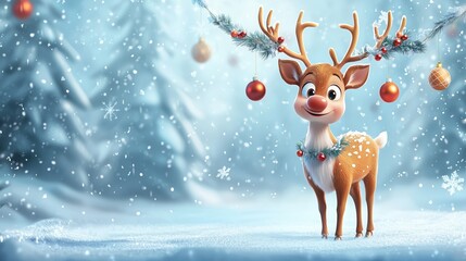 Cheerful cartoon reindeer standing proudly in a snowy landscape adorned with festive ornaments during winter holidays