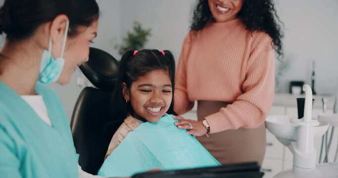 Child, women and dentist with tablet for xray demonstration, hygiene and education of teeth cleaning results. Girl, mother and orthodontist with interactive learning, health advice and dental clinic
