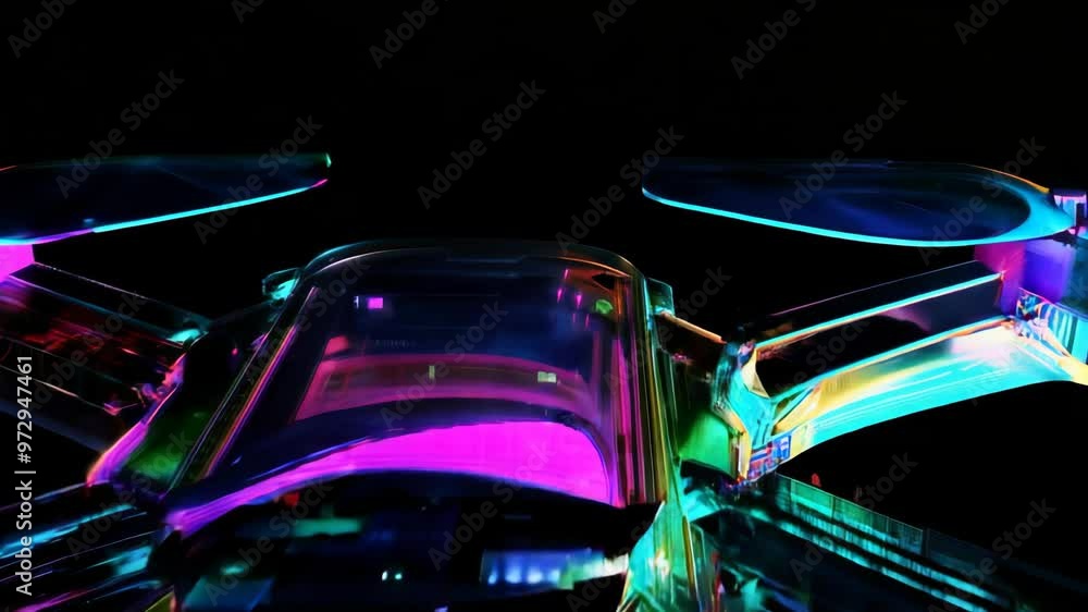 Poster 3d animation of a futuristic transparent drone with backlight in a dark space