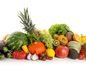 Different fresh fruits and vegetables isolated on white