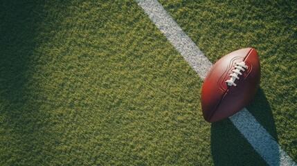 A close-up view of an American football on a grassy field with yard lines.