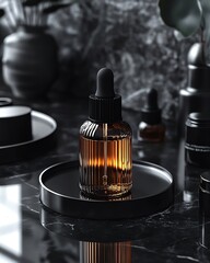 Glass dropper bottle with amber liquid on black tray, surrounded by other bottles and containers, on a marble surface.