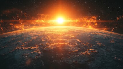 Stunning sunrise over Earth from space, with a glowing sun and dramatic clouds surrounding the horizon
