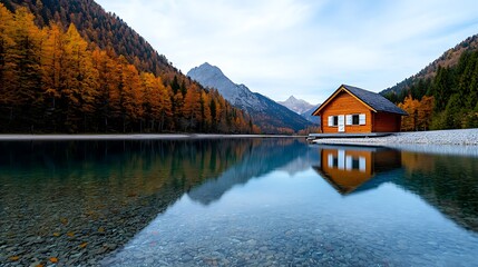 Fototapeta premium A cozy cabin by a mountain lake mirrors the vibrant colors of fall in its tranquil waters.