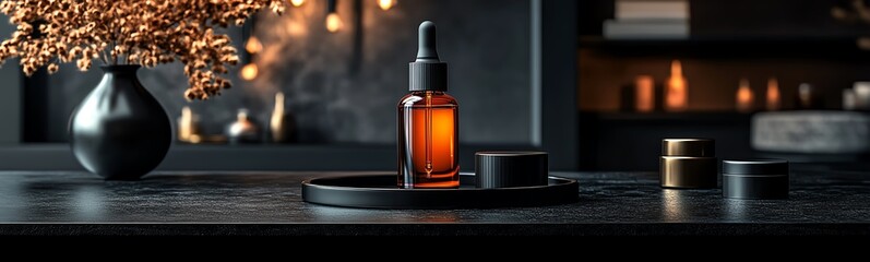 Obraz premium Glass bottle with amber liquid on a dark counter. A vase with dried flowers is in the background.