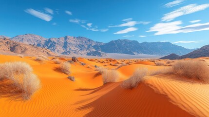 Naklejka premium Expansive desert landscape with vibrant orange dunes and mountains.