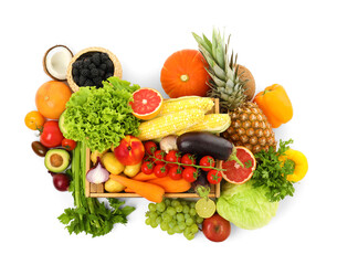 Different fresh vegetables and fruits isolated on white, top view