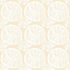 Naklejka premium Modern white on cream lace effect wedding background texture. Soft tonal linen openwork block print with subtle hand drawn lattice damask printed fabric backdrop. 