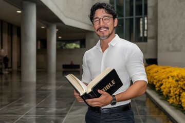 Asian man reading a bible preaching pastor at church. Religious person wearing glasses holding a book.