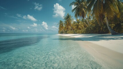 Fototapeta premium A tranquil beach scene with crystal clear waters, white sand, and palm trees swaying in the breeze.