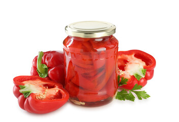 Tasty pickled bell peppers in jar and fresh ingredients isolated on white